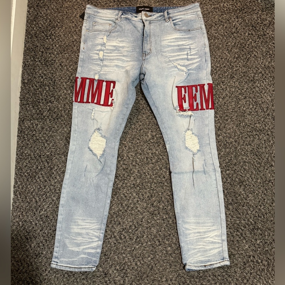 HOMME FEMME LETTERMAN JEANS (RED/BLUE)